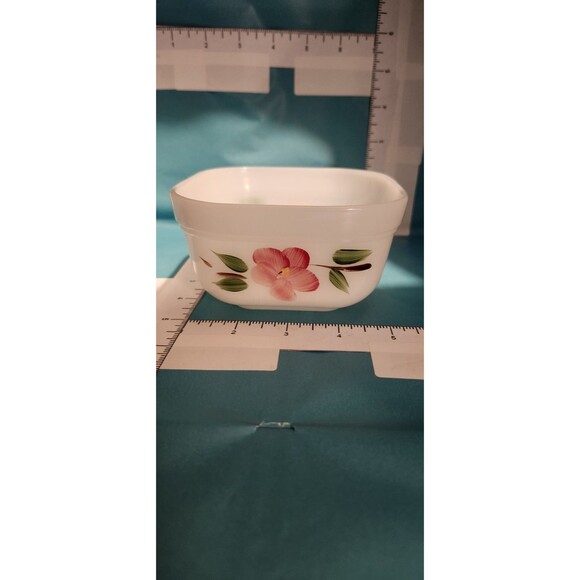 Vintage Fire-King Milk Glass Refrigerator Dish – Hand-Painted Pink Flower #17 - Picture 1 of 6